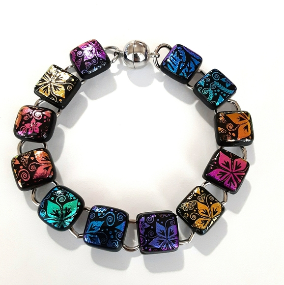 7 1/2" - 8" Dichroic Fused Glass Link Bracelet ~ Floral - Picture 2 of 2
